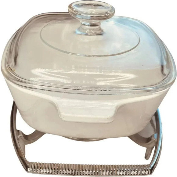 Vintage Corning Ware Casserole Dish w/ Metal Trivet Serving Stand & Glass Lid - Picture 4 of 8